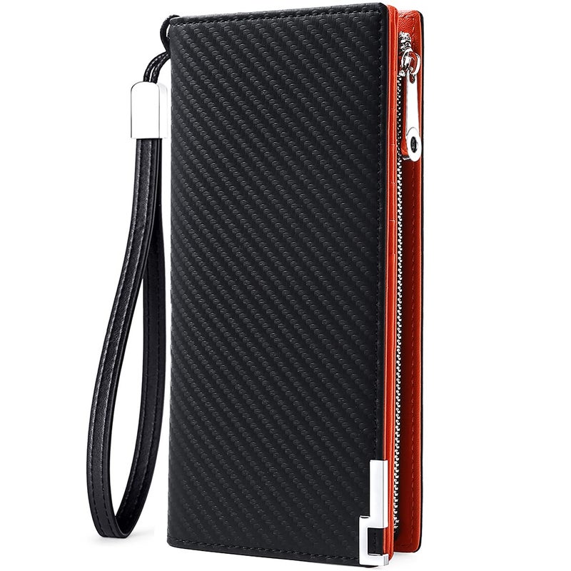 Huztencor Long Wallet, Leather Long Wallets for Men RFID Blocking Mens Checkbook Cover Wallet Bifold Slim Card Passport Holder Carbon Fiber Black and Orange - Image 1