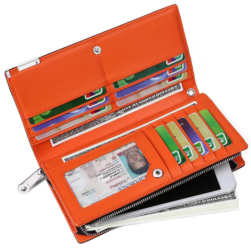 Huztencor Long Wallet, Leather Long Wallets for Men RFID Blocking Mens Checkbook Cover Wallet Bifold Slim Card Passport Holder Carbon Fiber Black and Orange - Image 3