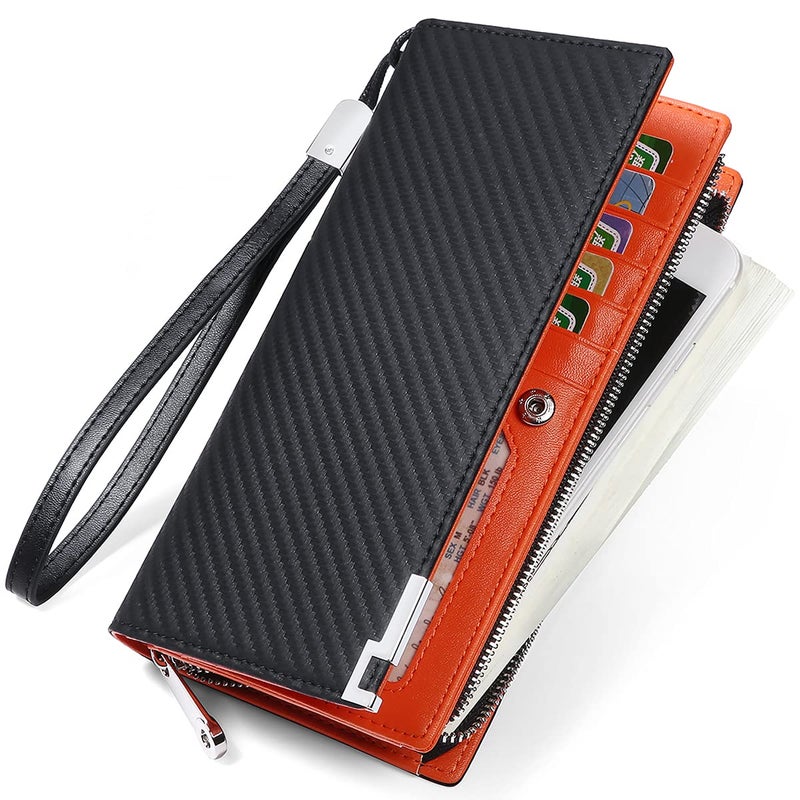 Huztencor Long Wallet, Leather Long Wallets for Men RFID Blocking Mens Checkbook Cover Wallet Bifold Slim Card Passport Holder Carbon Fiber Black and Orange - Image 4