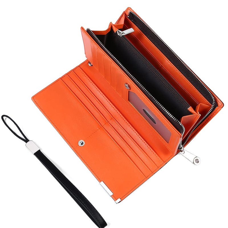 Huztencor Long Wallet, Leather Long Wallets for Men RFID Blocking Mens Checkbook Cover Wallet Bifold Slim Card Passport Holder Carbon Fiber Black and Orange - Image 5
