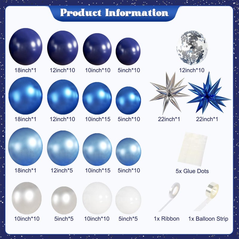LANGASQUE Blue White Silver Balloon Garland Arch Kit, 140Pcs Navy Light Metallic Blue Silver White Confetti Balloons With Stars for Birthday Wedding Birdal Shower Graduation Fathers Day Party Decorations - Image 4