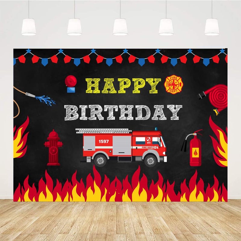 Ticuenicoa Fireman Birthday Backdrop for Boys Firefighter Happy Birthday Background 5X3ft Firetruck Birthday Party Backdrops for Kids Fire Truck Cake Table Decorations Boy Birthday Photo Backdrop Studio Props - Image 1