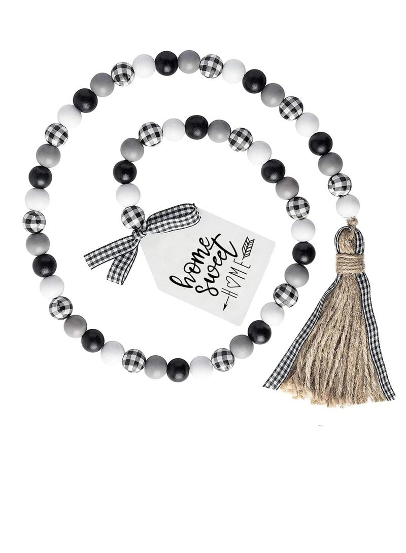 SOLARAE Wooden Bead Christmas Garland 40inch Black White Plaid Wood Bead Garland with Tassel Rustic Farmhouse Tiered Tray Decorations Country Rustic Wall Hanging Decor Natural for Home - Image 1
