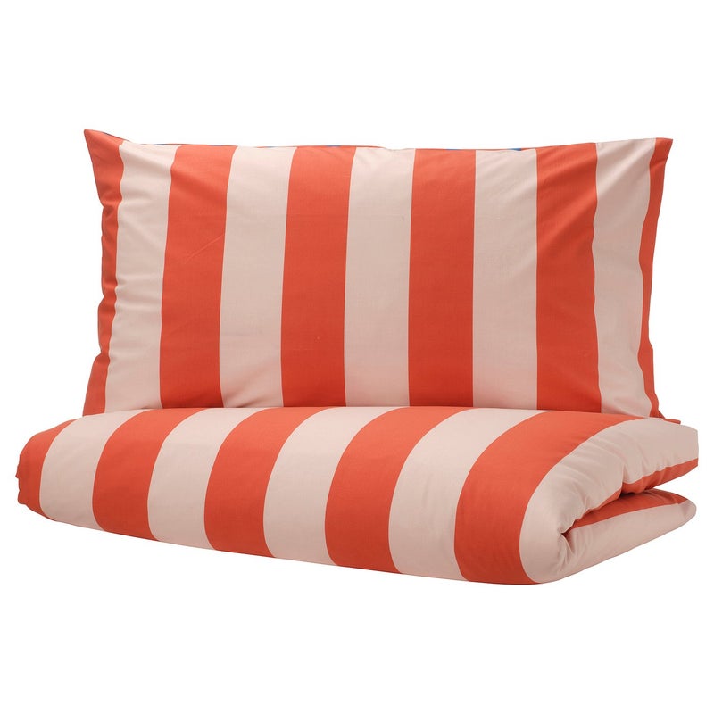Baitique Kids Reversible Duvet Cover and Pillowcase Set, Cotton, Pink/Red Stripe, 150x200/50x80 cm - Image 1