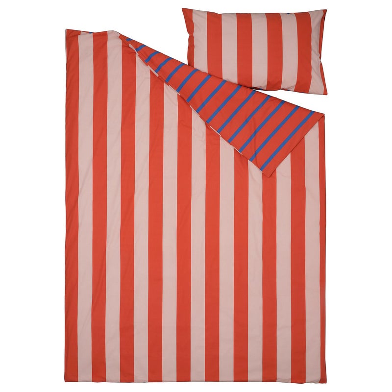 Baitique Kids Reversible Duvet Cover and Pillowcase Set, Cotton, Pink/Red Stripe, 150x200/50x80 cm - Image 2