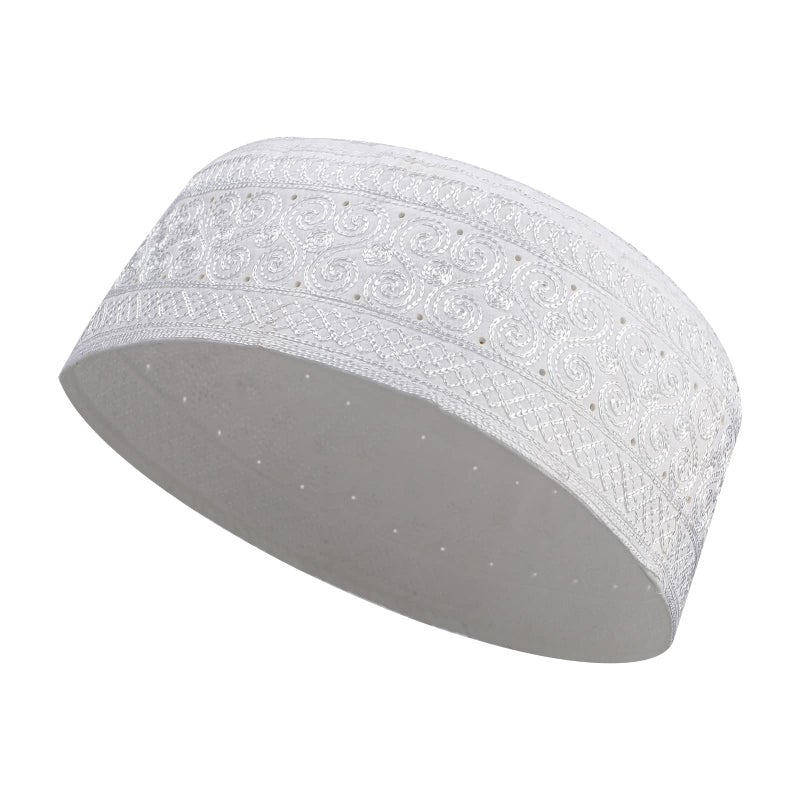 Holiberty Muslim Prayer Kufi Hat for Men Boys Islamic Beanie Skull Cap Prayer Headwear Embroidery Kofia Topi Sun Hat Ramadan Eid Gift White - Image 3