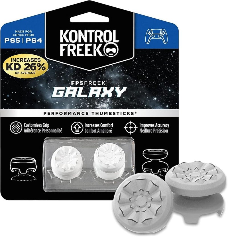 YARDHOBI FPS Freek Galaxy White for PlayStation 4 (PS4) and PlayStation 5 (PS5) Performance Thumbsticks, Compatible Controller Grip Performance, Galaxy Themed Thumbstick Covers (1 High-Rise, 1 Mid-Rise, White) - Image 1