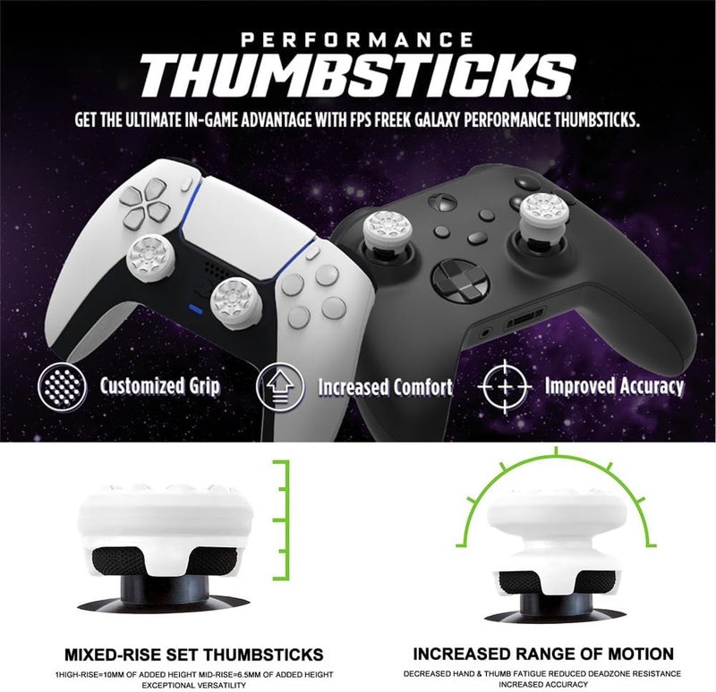 YARDHOBI FPS Freek Galaxy White for PlayStation 4 (PS4) and PlayStation 5 (PS5) Performance Thumbsticks, Compatible Controller Grip Performance, Galaxy Themed Thumbstick Covers (1 High-Rise, 1 Mid-Rise, White) - Image 2
