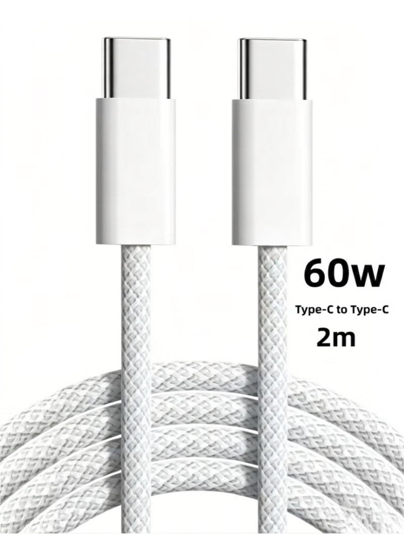 2-meter cut-resistant Type-C charging cable supports 60W fast USB-C to USB-C charging and is compatible with iPhone 15, iPhone 16, Huawei, Samsung, and all devices with a Type-C port.