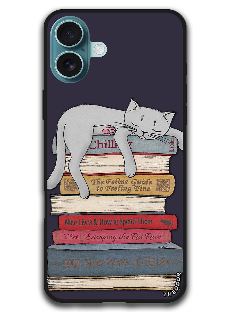 Theodor Protective Case Anti Scratch Shock Proof Bumper Cover For iPhone 16 Plus (6.7)-inch Cat With Books - Image 1