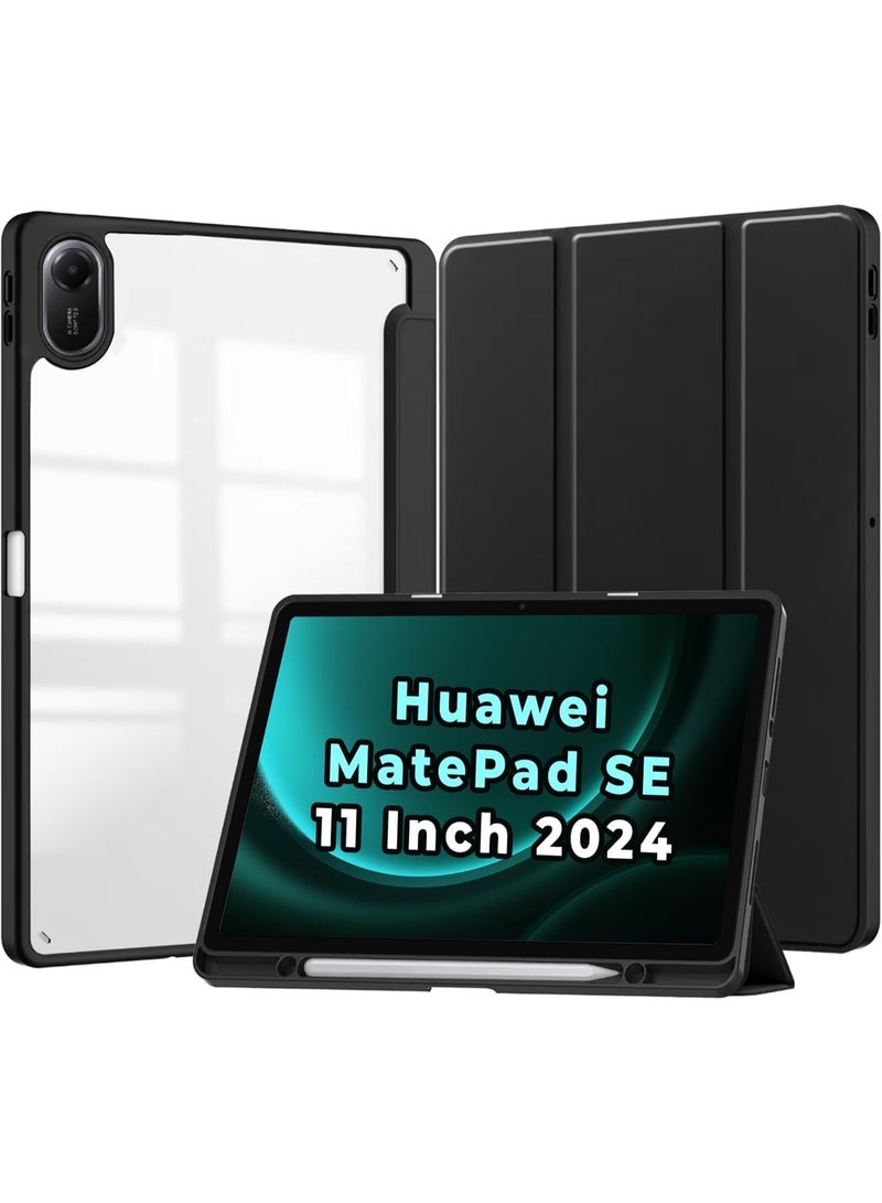 Case for Huawei MatePad SE 11 inch 2024 with built-in pen holder, transparent polycarbonate back, tri-fold shockproof tablet cover, auto wake/sleep feature - Image 1