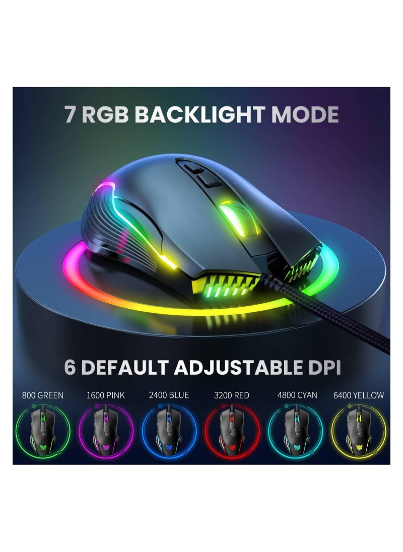 onikuma - RGB 6400 DPI Wired Gaming Mouse Breathing LED Optical USB 7 Buttons Gamer Computer Pink Mice for Laptop PC Desktop - Image 1