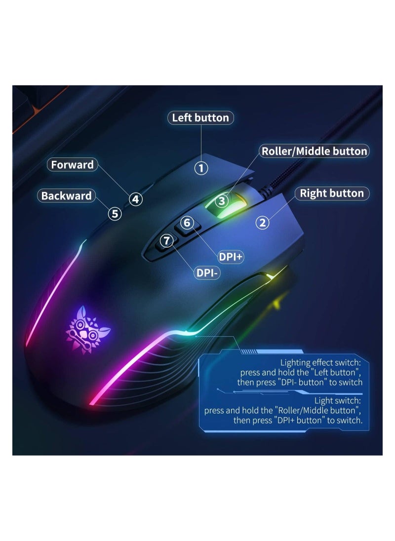 onikuma - RGB 6400 DPI Wired Gaming Mouse Breathing LED Optical USB 7 Buttons Gamer Computer Pink Mice for Laptop PC Desktop - Image 1