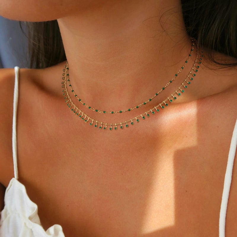 MTMY Beaded Necklace for Women 14K Gold Plated Dainty Colorful Beaded Pearl Choker Necklace Delicate Boho Choker Necklace Jewelry Gift (Crystal-green) - Image 3