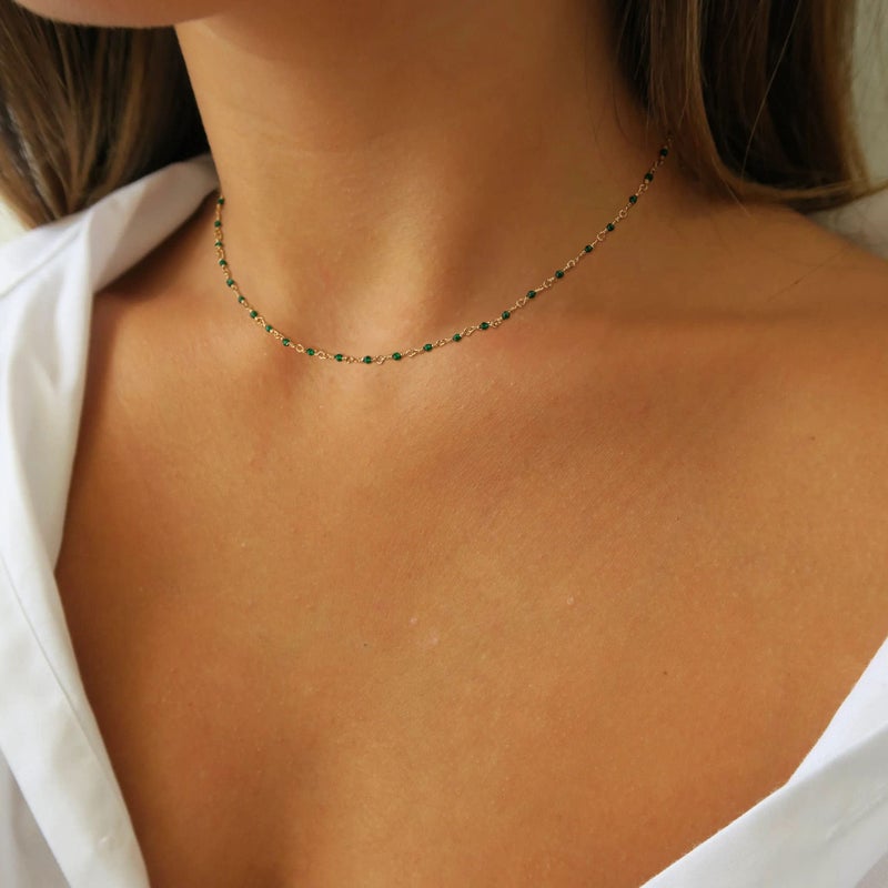 MTMY Beaded Necklace for Women 14K Gold Plated Dainty Colorful Beaded Pearl Choker Necklace Delicate Boho Choker Necklace Jewelry Gift (Crystal-green) - Image 2