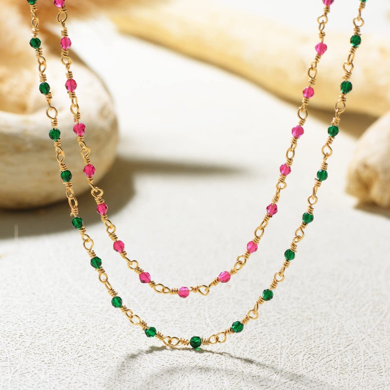 MTMY Beaded Necklace for Women 14K Gold Plated Dainty Colorful Beaded Pearl Choker Necklace Delicate Boho Choker Necklace Jewelry Gift (Crystal-green) - Image 5