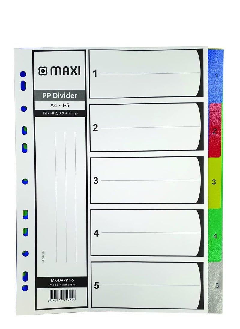Maxi Maxi 1-5 Part Color Polypropylene Divider, Multicolor Index Number 1-5 Tabs A4 File Subject Dividers 