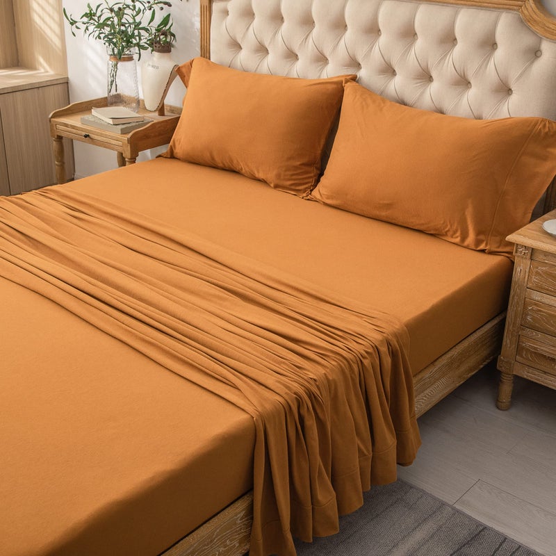 PURE ERA PURE ERA Jersey Knit 4pc Bed Sheet Set 100% T-Shirt Heather Cotton Super Soft Comfy Breathable Fits Mattress Up to 20"" Extra Deep Pocket (Solid Burnt Orange  Cal King)  - Image 5