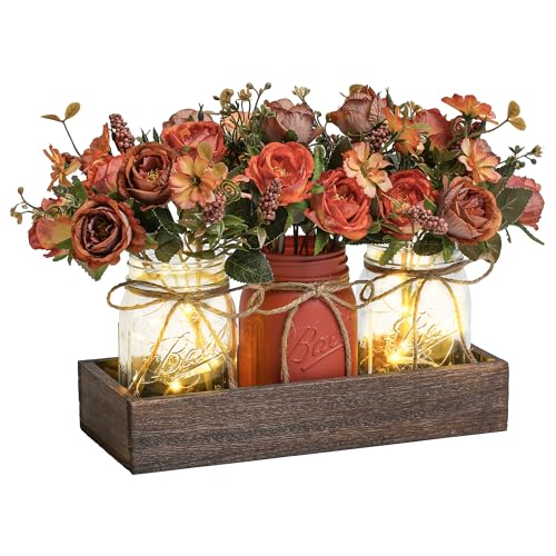 DUO ER DUOER 3 Pcs Mason Jar Centerpiece Table Decorations for Dining Table Decor Farmhouse Coffee Table Decor with Wood Tray and Led Light Table Centerpieces for Dining room Kitchen Living Bathroom,Orange - Image 1