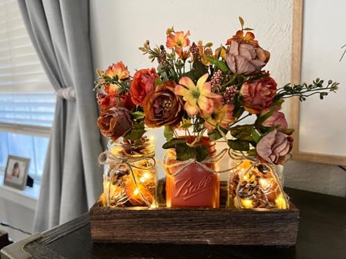DUO ER DUOER 3 Pcs Mason Jar Centerpiece Table Decorations for Dining Table Decor Farmhouse Coffee Table Decor with Wood Tray and Led Light Table Centerpieces for Dining room Kitchen Living Bathroom,Orange - Image 5