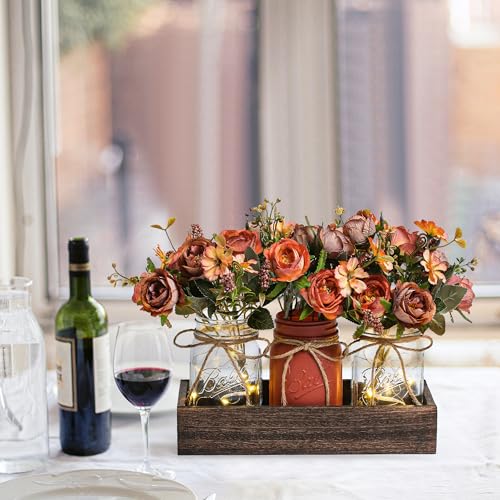 DUO ER DUOER 3 Pcs Mason Jar Centerpiece Table Decorations for Dining Table Decor Farmhouse Coffee Table Decor with Wood Tray and Led Light Table Centerpieces for Dining room Kitchen Living Bathroom,Orange - Image 4