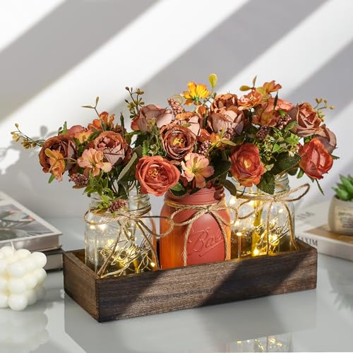 DUO ER DUOER 3 Pcs Mason Jar Centerpiece Table Decorations for Dining Table Decor Farmhouse Coffee Table Decor with Wood Tray and Led Light Table Centerpieces for Dining room Kitchen Living Bathroom,Orange - Image 2