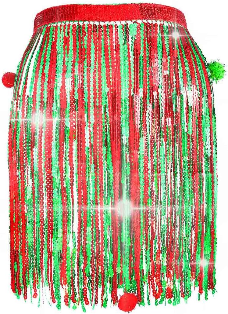 REETAN Fringe Sequin Skirt Belly Dance Sparkly Rave Skirts for Women - Image 1