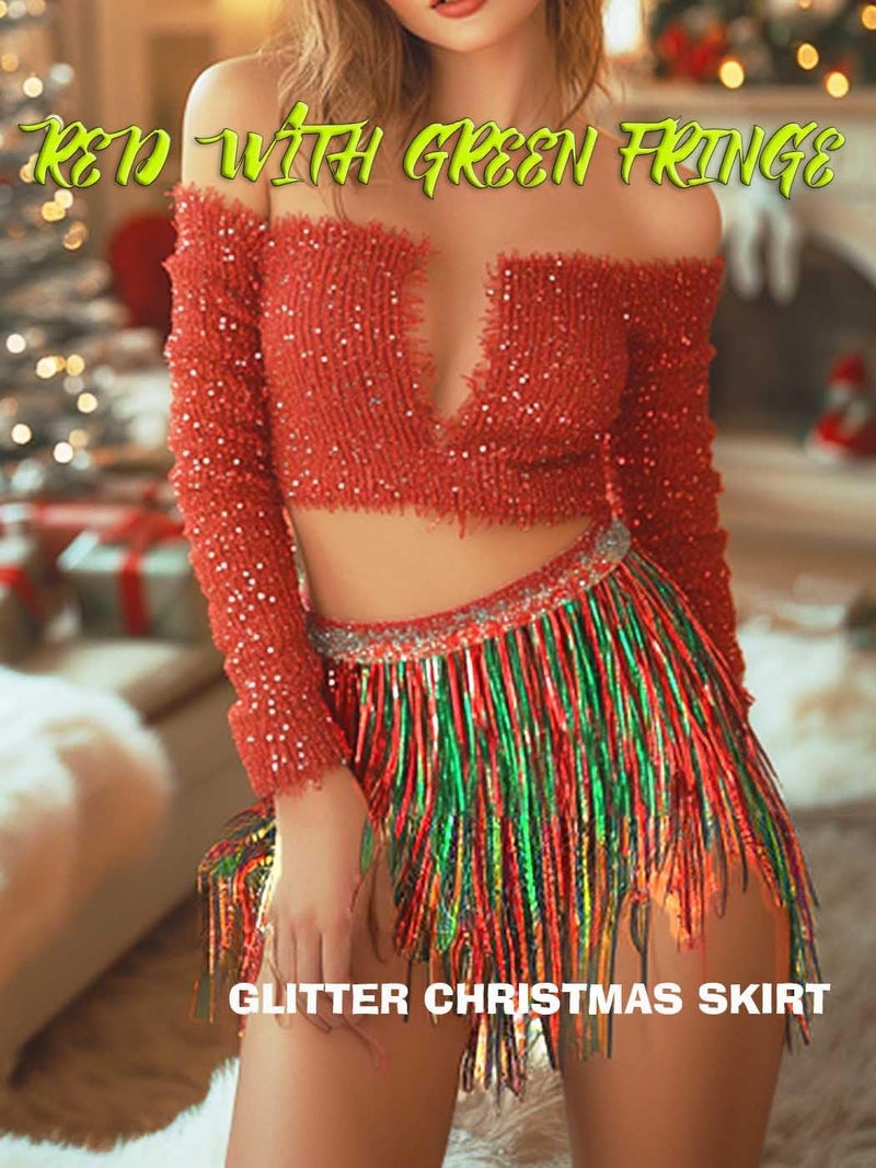 REETAN Fringe Sequin Skirt Belly Dance Sparkly Rave Skirts for Women - Image 4