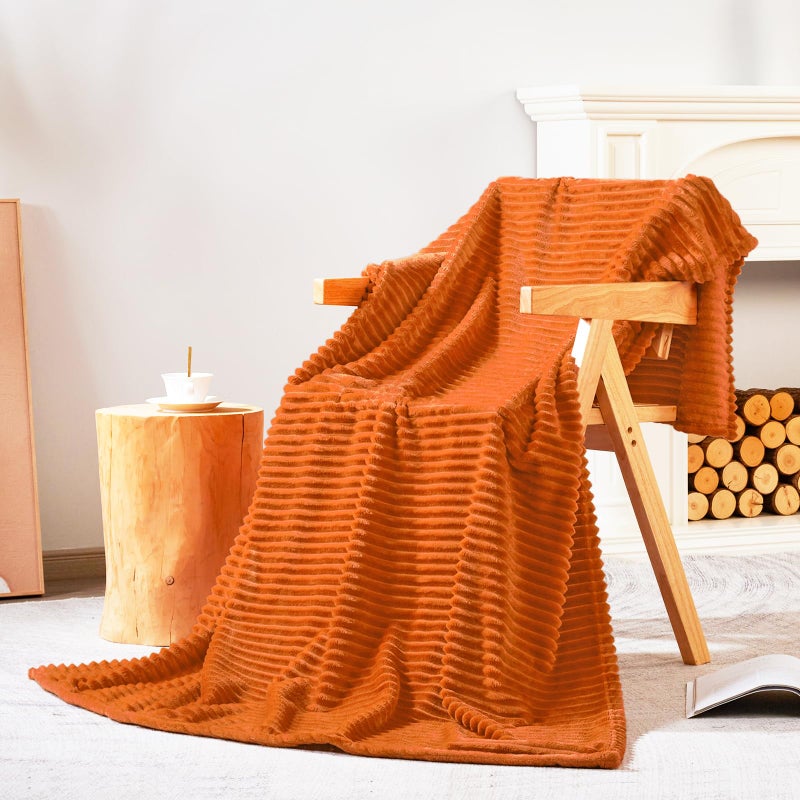 Bnuitland Bnuitland Burnt Orange Flannel Throw (50X70 inches) with Storage Pouch 300GSM Super Soft Fleece Stripe Pattern Sofa Blanket for Adults and Kids  Lightweight Cozy Bed Throw for Home Decor All Season  - Image 3