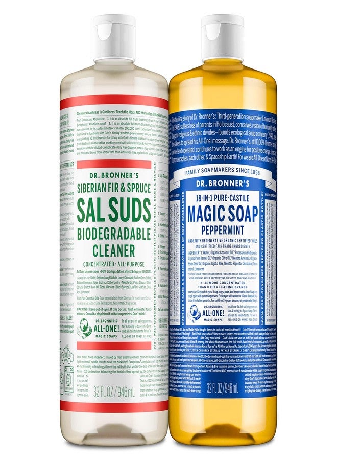 Dr. Bronner's صابون د. برونر السحري النقي من نوع كاستيل مجموعة متنوعة و سائل تنظيف سال سادس القابل للتحلل، صابون جسم سائل، منظف متعدد الاستخدامات، نباتي، خالي من القسوة، غير معدل وراثيًا، نكهة النعناع السائل النقي من كاستيل 32 أونصة و سال سادس - Image 1
