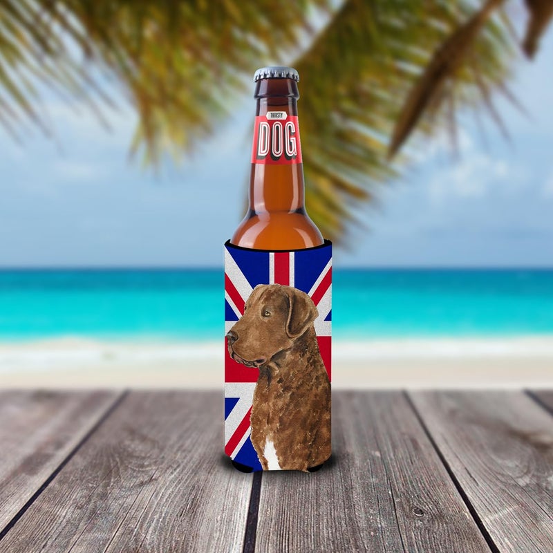 Caroline's Treasures Caroline's Treasures SS4973MUK Curly Coated Retriever with English Union Jack British Flag Ultra Hugger for slim cans Can Cooler Sleeve Hugger Machine Washable Drink Sleeve Hugger Collapsible Insulato - Image 1