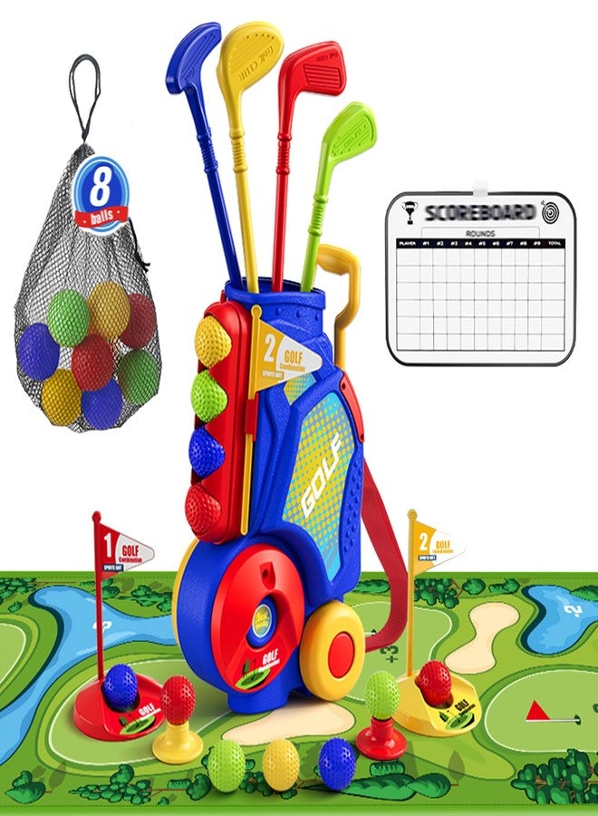 HYES Toddler Golf Set 2-4 Years, Kids Golf Club with 8 Balls, 4 Plastic Clubs, Putting Mat, Scoreboard, Storage Bag, Indoor Outdoor Game with Golf Cart Sport Toy Gift for Baby Boys Girls Age 3-5, Blue - Image 1