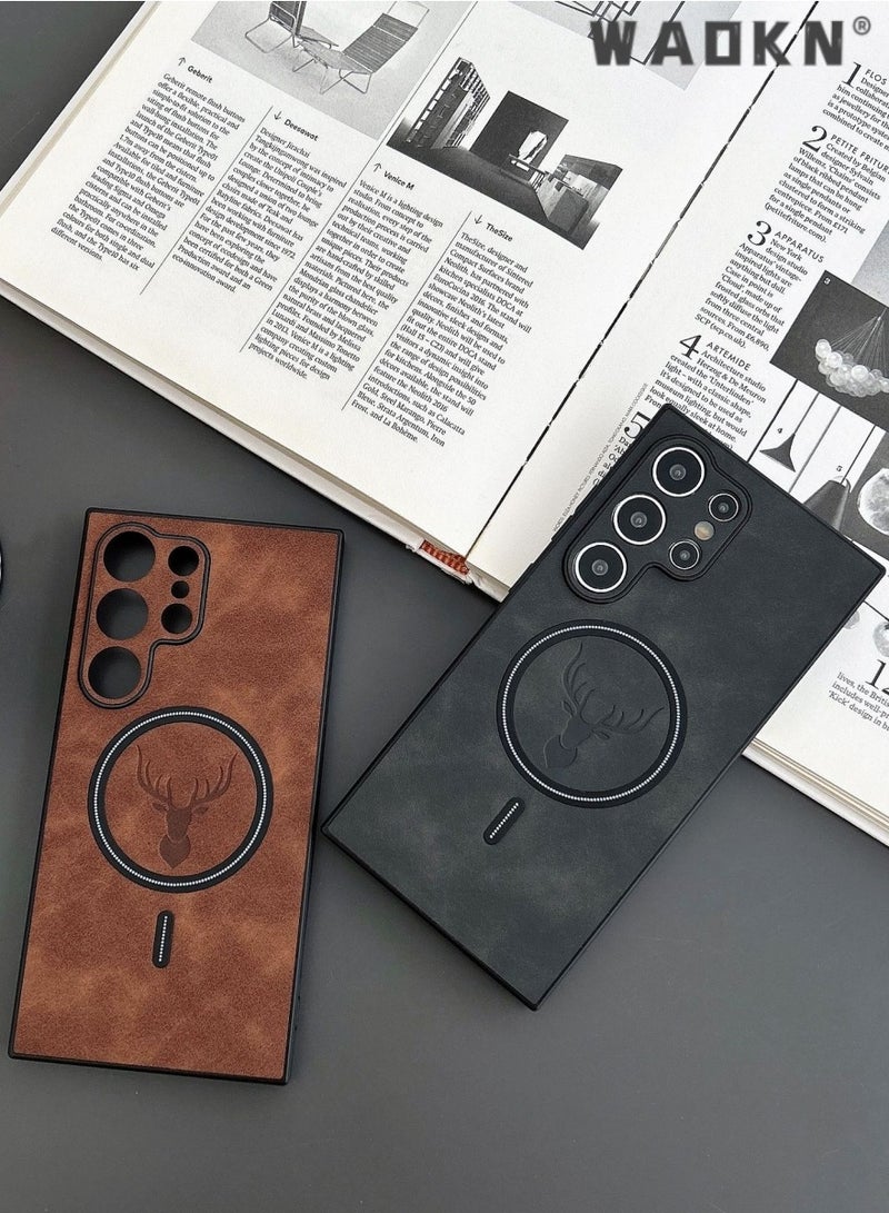 WAOKN Lambskin Leather Elk Pattern Case For Samsung S24 Ultra Shockproof Magnetic For Magsafe Wireless Charge Cover Soft Faux Leather Phone Case,[Compatible with Mag-Safe] Premium Protective Cover (Brown) - Image 4