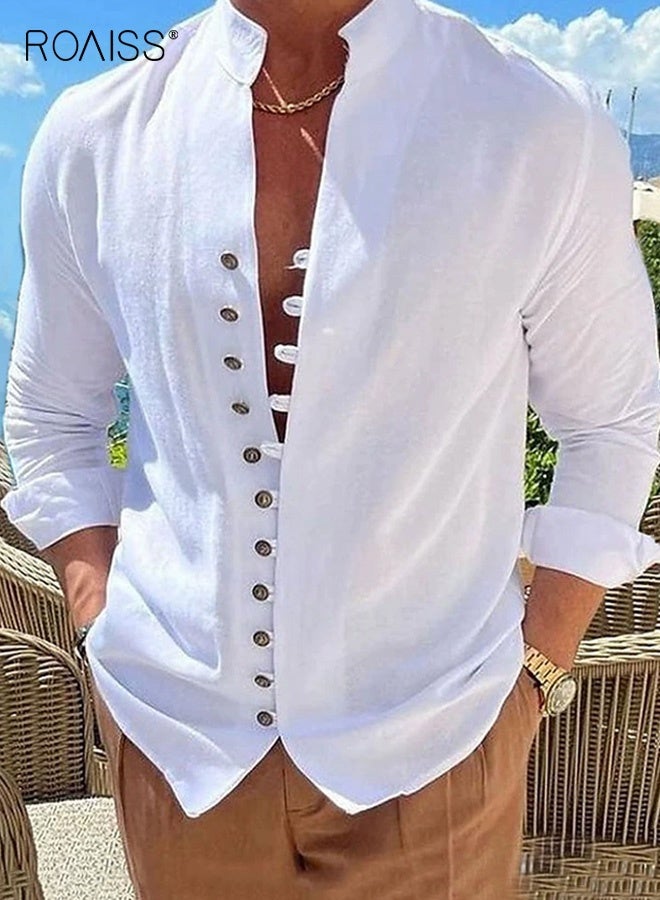 roaiss Men'S Light White Linen Shirt - Breathable, Stylish Single-Breasted Design with Decorative Buttons, Long Sleeves, and Classic Collar for All Seasons, Versatile Menswear, Elegant Casualwear, Durable Fabric - Image 1