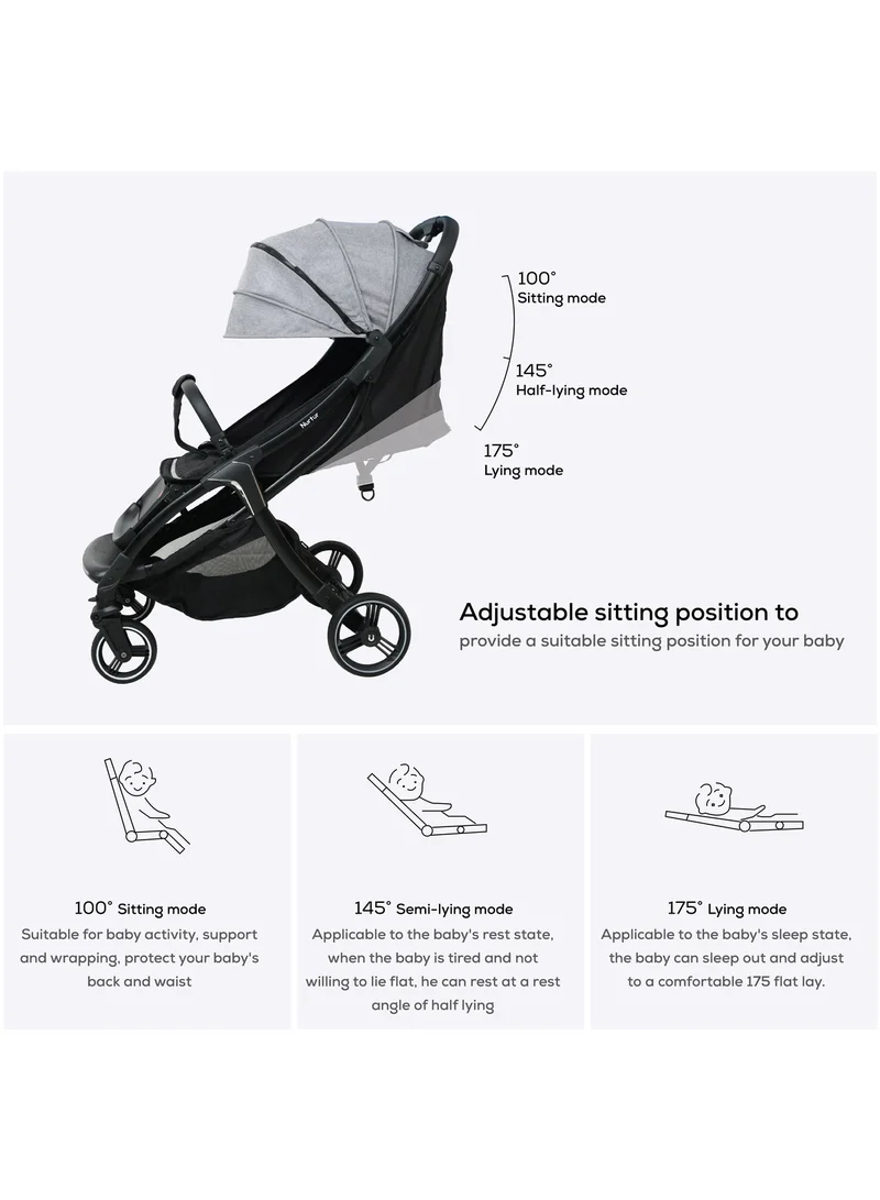 Nurtur Aspen Baby Stroller 0 to 36 months, Storage Basket, Leatherette details, One -hand fold design, 5 Point Safety Harness, EVA wheels - Black/Grey