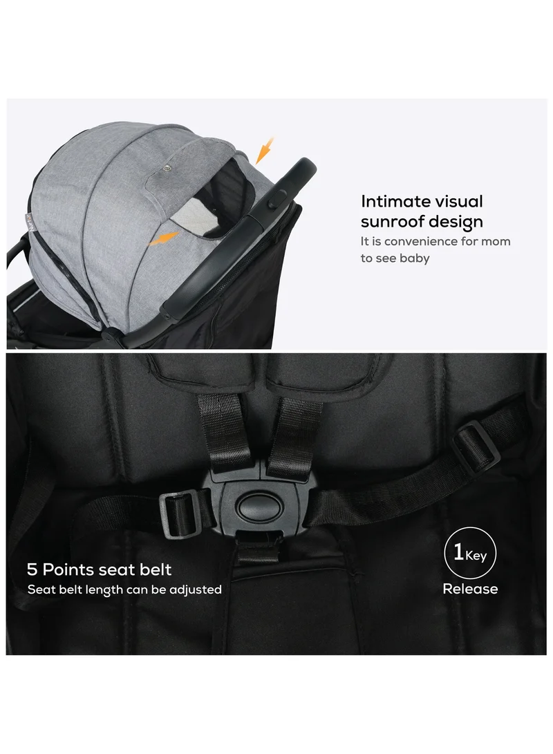 Nurtur Aspen Baby Stroller 0 to 36 months, Storage Basket, Leatherette details, One -hand fold design, 5 Point Safety Harness, EVA wheels - Black/Grey
