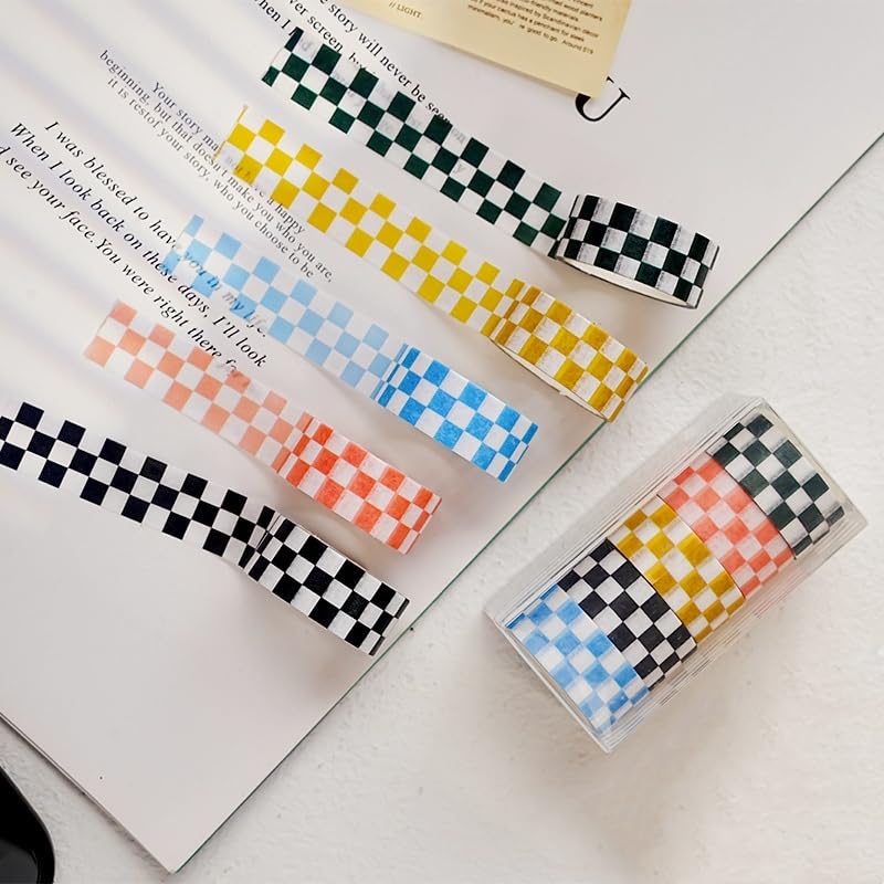 XiowDow Checkered Tape Decorative Plaid Cute Washi Tape Set 0.6inch Width Colored Grid Masking Paper Tapes 5 Roll Checkerboard Flag Tape Rolls for Scrapbook Artist Craft Party Decoration Box Label - Image 5