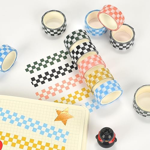 XiowDow Checkered Tape Decorative Plaid Cute Washi Tape Set 0.6inch Width Colored Grid Masking Paper Tapes 5 Roll Checkerboard Flag Tape Rolls for Scrapbook Artist Craft Party Decoration Box Label - Image 3