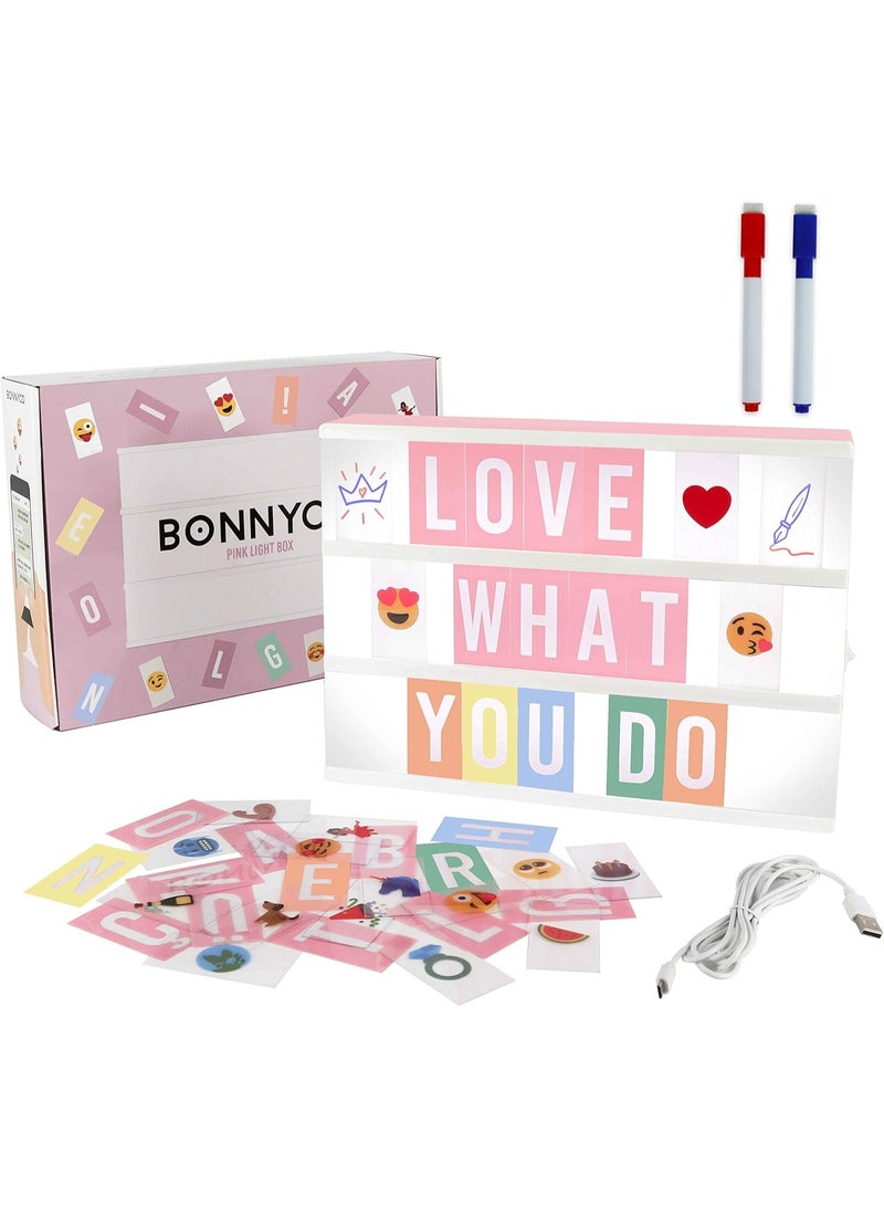 BONNYCO Pink Cinema Light Box with 400 Letters, Emojis, 2 Markers. Led Light Box Home Office and Room Decor, Cinema Led Sign Letters Board. Gifts for Women Girls Christmas Birthdays, Pink Decor - Image 1