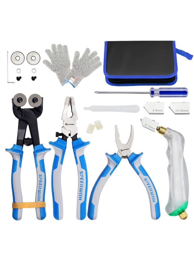 SPEEDWOX 20PCS Heavy Duty Mosaic Wheeled Glass Nippers with Replacement Cutting Wheel Glass Running Pliers Breaker Grozer Pliers Oil Feed Glass Cutter Set Cut Resistant Gloves Leather Zipper Bag - Image 1