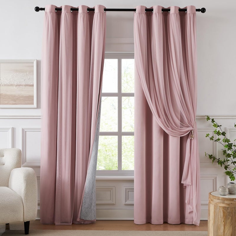 Swandream 100% Blackout Curtains for Bedroom, Double Layer Pink Curtains, Black Out Curtain 96 inch Long with Sheer Overlay for Living Room, Room Darkening Window Drapes with Grommet, 52" W x 96" L - Image 1