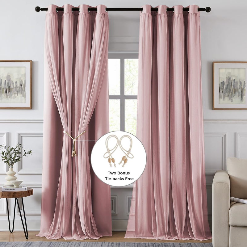 Swandream 100% Blackout Curtains for Bedroom, Double Layer Pink Curtains, Black Out Curtain 96 inch Long with Sheer Overlay for Living Room, Room Darkening Window Drapes with Grommet, 52" W x 96" L - Image 2