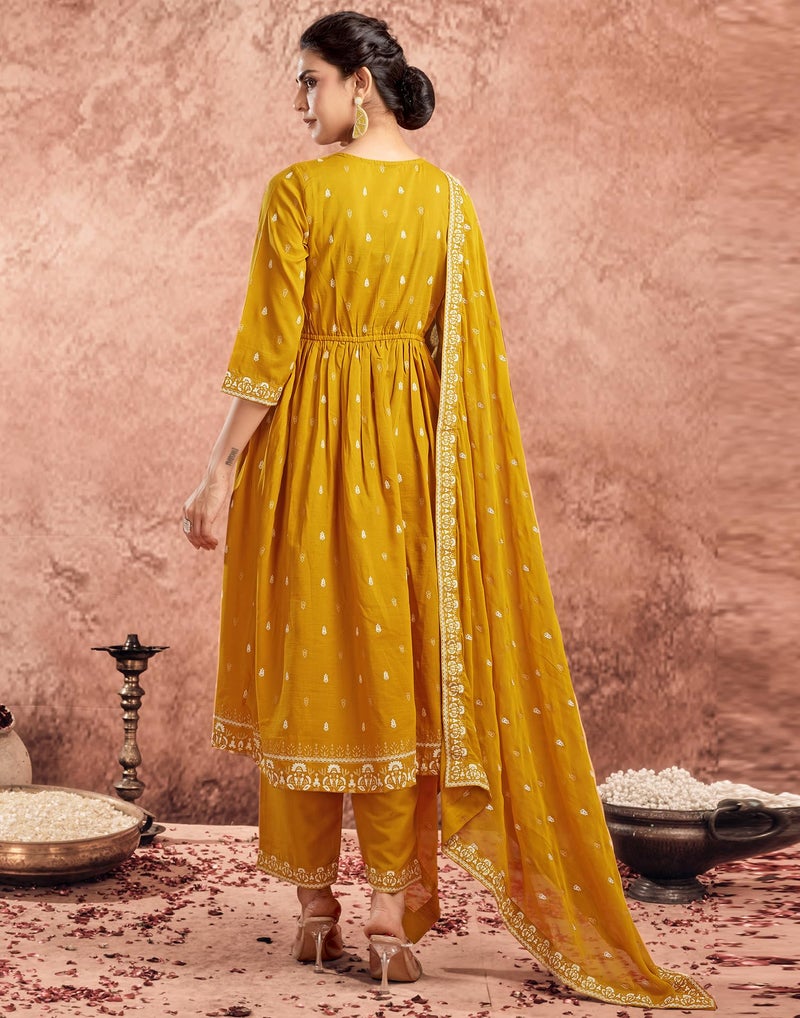 SIRIL Women's Rayon Foil Printed Anarkali Kurta Pant with Dupatta Set (66KBD759-S_Mustard Yellow) - Image 2