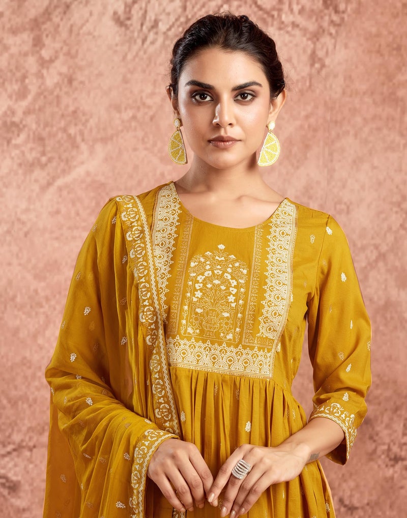 SIRIL Women's Rayon Foil Printed Anarkali Kurta Pant with Dupatta Set (66KBD759-S_Mustard Yellow) - Image 5
