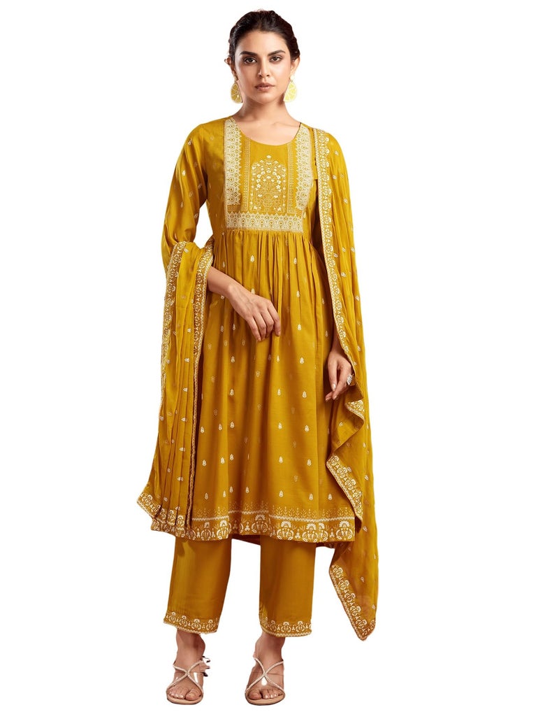 SIRIL Women's Rayon Foil Printed Anarkali Kurta Pant with Dupatta Set (66KBD759-S_Mustard Yellow) - Image 1