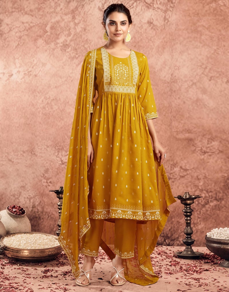 SIRIL Women's Rayon Foil Printed Anarkali Kurta Pant with Dupatta Set (66KBD759-S_Mustard Yellow) - Image 4