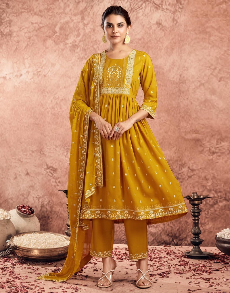 SIRIL Women's Rayon Foil Printed Anarkali Kurta Pant with Dupatta Set (66KBD759-S_Mustard Yellow) - Image 3