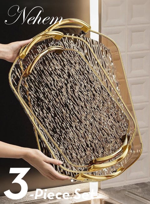 3 PCS Clear Serving Tray, With Polished Metal Handles, Serving Plate, Wavy Pattern Clear Tray, Spill-Proof Tray, Decorative Serving Tray for Coffee Table, Tea, Storage