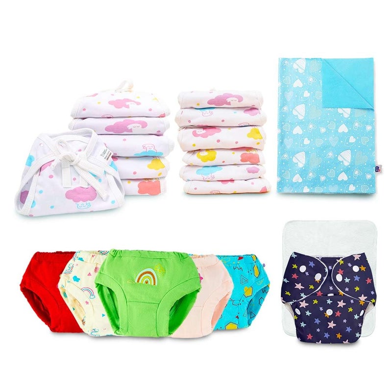 superbottoms Basic Reusable Cloth Diaper, Bluestar, For 0-3 Years, 5 Super Soft Briefs For 6-9 Months, 12 Soft & Breathable Basic Langot For 0-9 Months, 1 Waterproof Diaper Changing Mat, Infant - Image 1