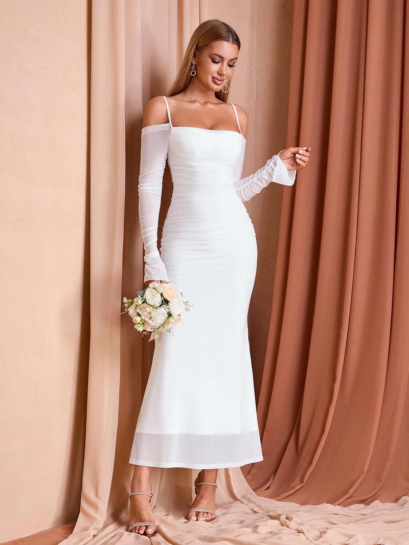 EYNMIN Women's Fall Wedding Guest Dresses Long Sleeve Spaghetti Strap Mesh Ruched Bodycon Maxi Formal Dress White - Image 2